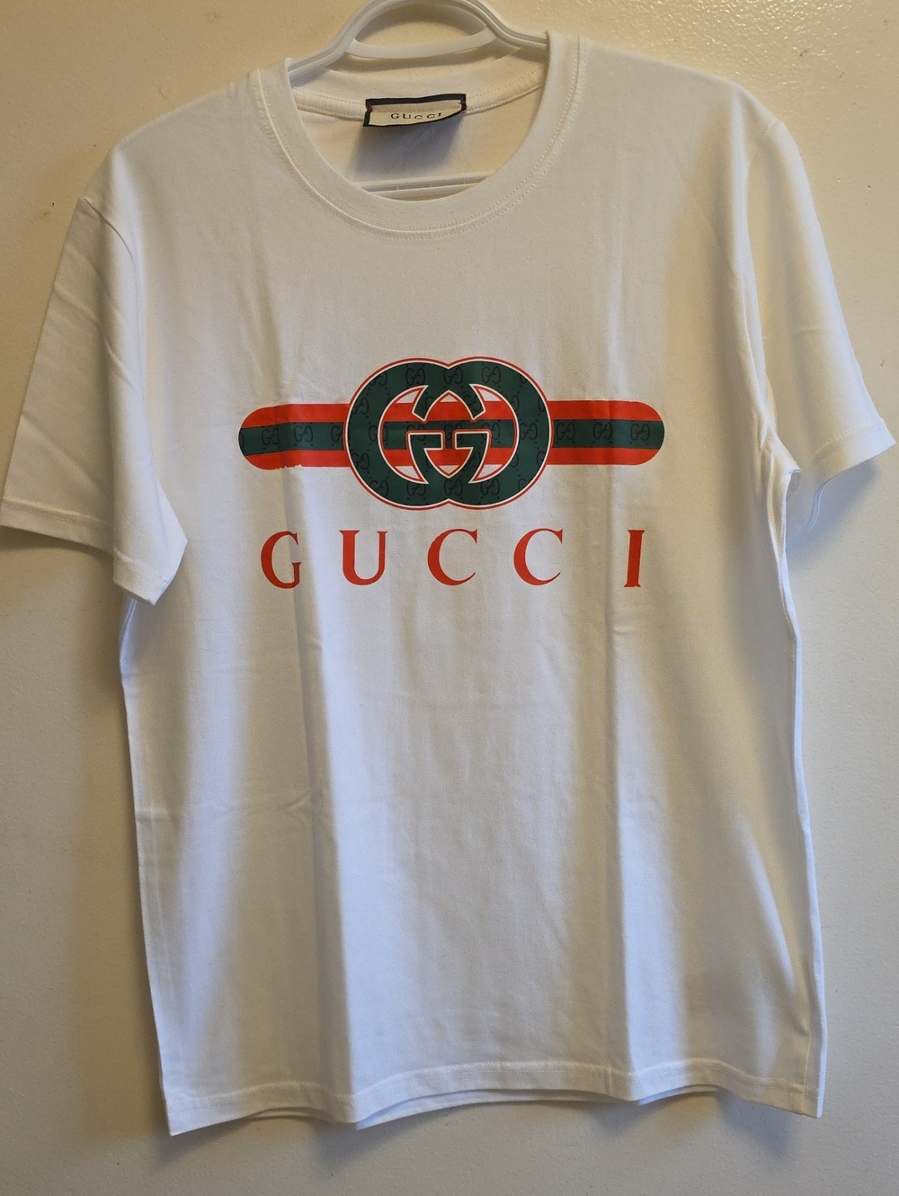 Gucci White Tee with Red and Green Logo Stripe